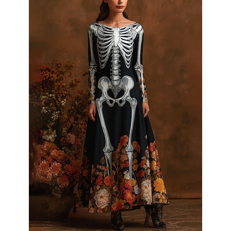 Halloween Women's Skeleton Maxi Dress Sheath Dress A Line Dress Casual Boho Wedding Guest Beach Regular Fit Floral Graphic Long Sleeve Crew Neck Boat Neck Blue Purple Orange Green Spring Fall Winter