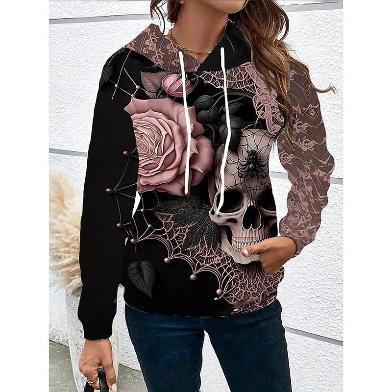 Women's Pullover Hoodie Sweatshirt Floral Graphic Skull Casual Boho Long Sleeve Hooded Regular Tops Street Dailywear Patchwork Print Front Pocket Dark Pink Fall Winter