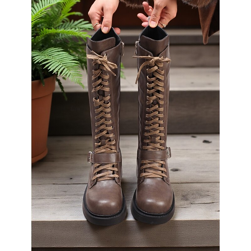 Women's Black Lace-Up Knee-High Boots with Chunky Sole and Strap Detail -Stylish and Durable for Casual or Street Fashion3