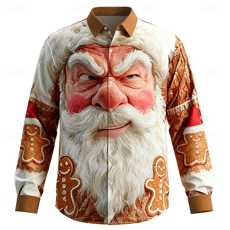 Christmas Men's Santa Claus Smile Face funny christmas Shirt Button Up Shirt Long Sleeve Funny Outdoor Holiday Spring Fall Turndown 3D Print Collared Shirts Khaki Khaki / White