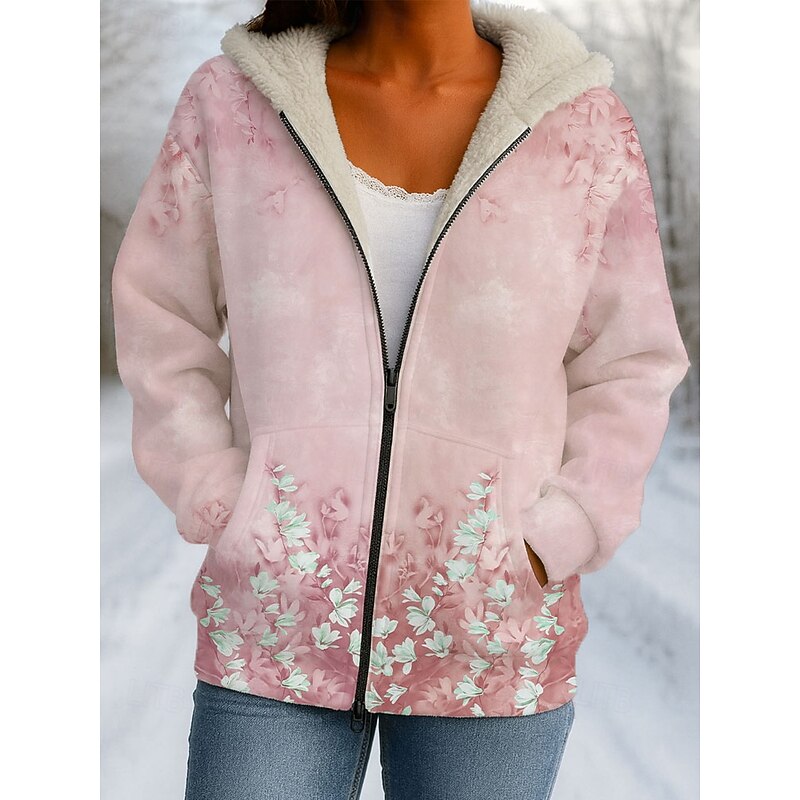 Women's Winter Coat Winter Jacket Windproof Warm Zipper Pocket Fleece Lined Casual Floral Casual Athleisure Daily Daily Wear Regular Hooded Regular Fit Long Sleeve Outerwear Light Green Pink Blue3