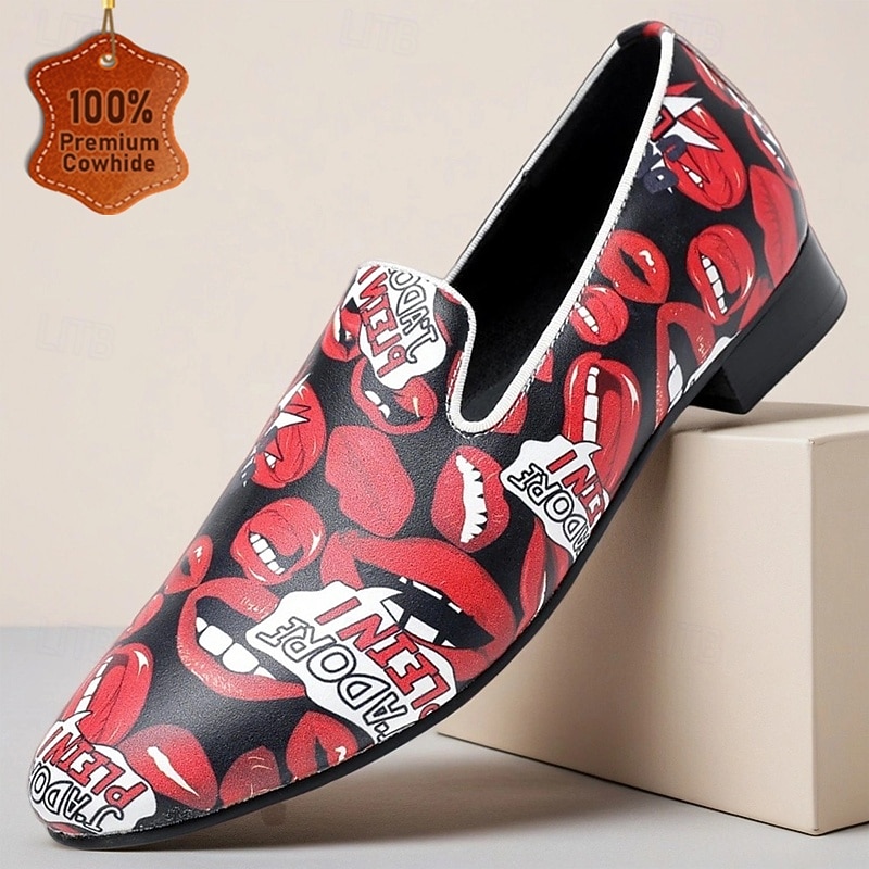 Men's Red Lips Print Loafers Slip-On Fashion Casual Shoes with Pop Art Design for Parties, Nightlife and Statement Outfits