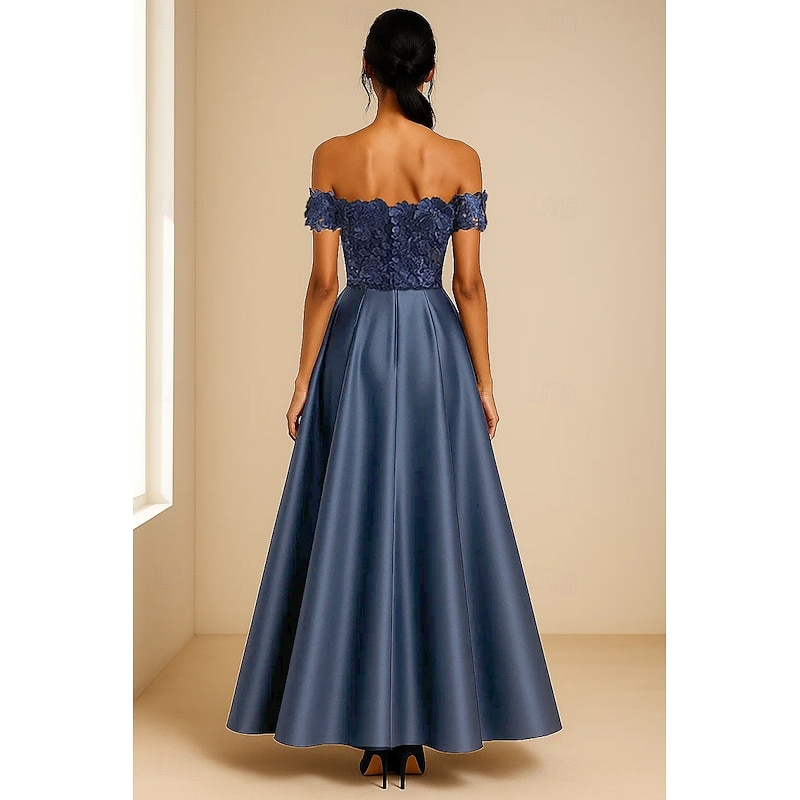 Embroidered Floral Applique A-Line Evening Gown Elegant Formal Dress Formal Wedding Tea Length Off Shoulder Satin 20254
