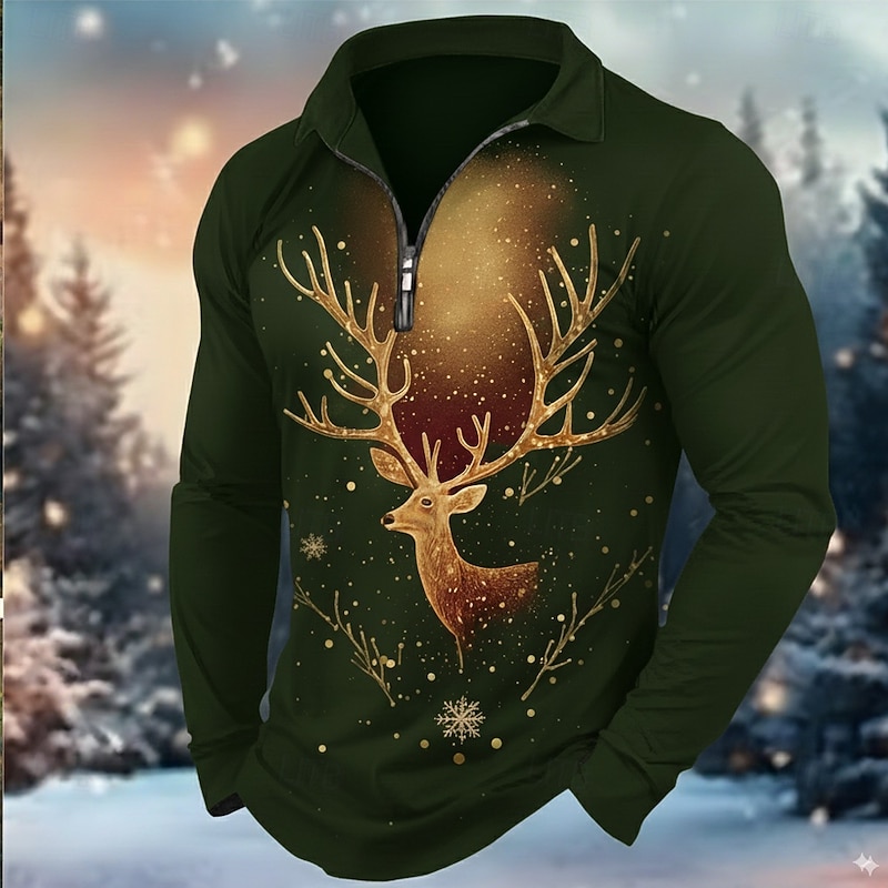 Christmas Men's Elk Polo Long Sleeve Turndown Modern Leisure Casual Daily Festival Zipper 3D Print Spring Fall Winter Black Red Dark Green3