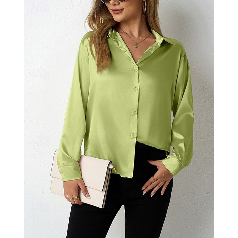 Women's Shirt Elegant Dressy Satin Solid Color Stylish Casual Long Sleeve Shirt Collar Regular Tops Daily Going out Buttons Light Green Blue Sky Blue Camel Purple Spring Fall4