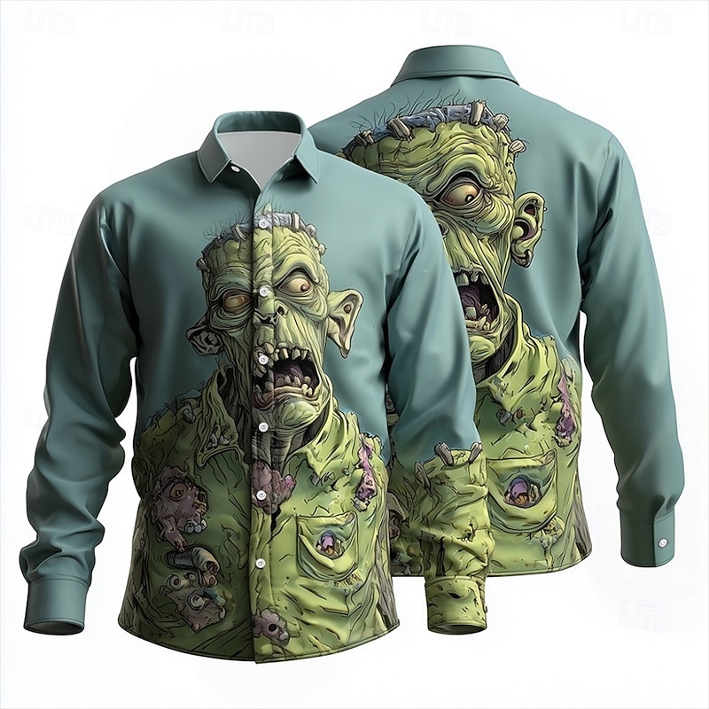 Halloween Men's Zombies Horror Shirt Button Up Shirt Long Sleeve Dark Gothic Style Holiday Streetwear Spring Fall Turndown 3D Print Collared Shirts Blue