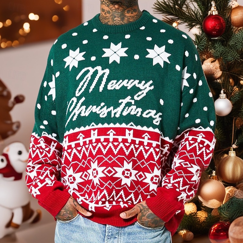 Christmas Men's Snowflake Pullover Sweater Jumper Knitwear Crewneck Casual Vacation Home Street 3D Print Knitting Keep Warm Long Sleeve Spring Fall Winter Red -1 Red -2