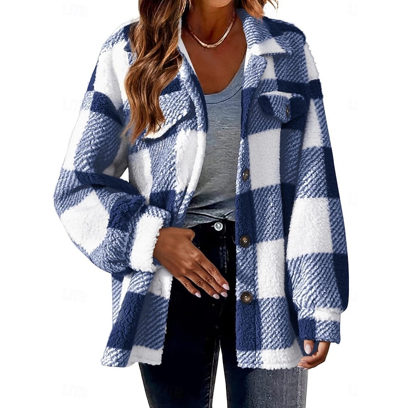 Women's Sherpa Jacket Casual Jacket Comfortable Breathable Pocket Buttons Print Casual Plaid Vacation Street Casual Daily Wear Single Breasted Regular Turndown Regular Fit Long Sleeve Outerwear Black2