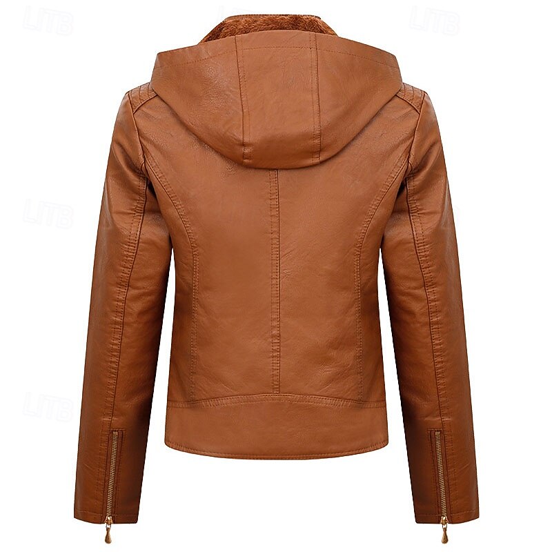 Women's Faux Leather Jacket Warm Comfortable Zipper Pocket Casual Solid Color Vacation Street Casual Daily Wear Regular Hooded Regular Fit Long Sleeve Outerwear Black Wine Blue Fall Winter3