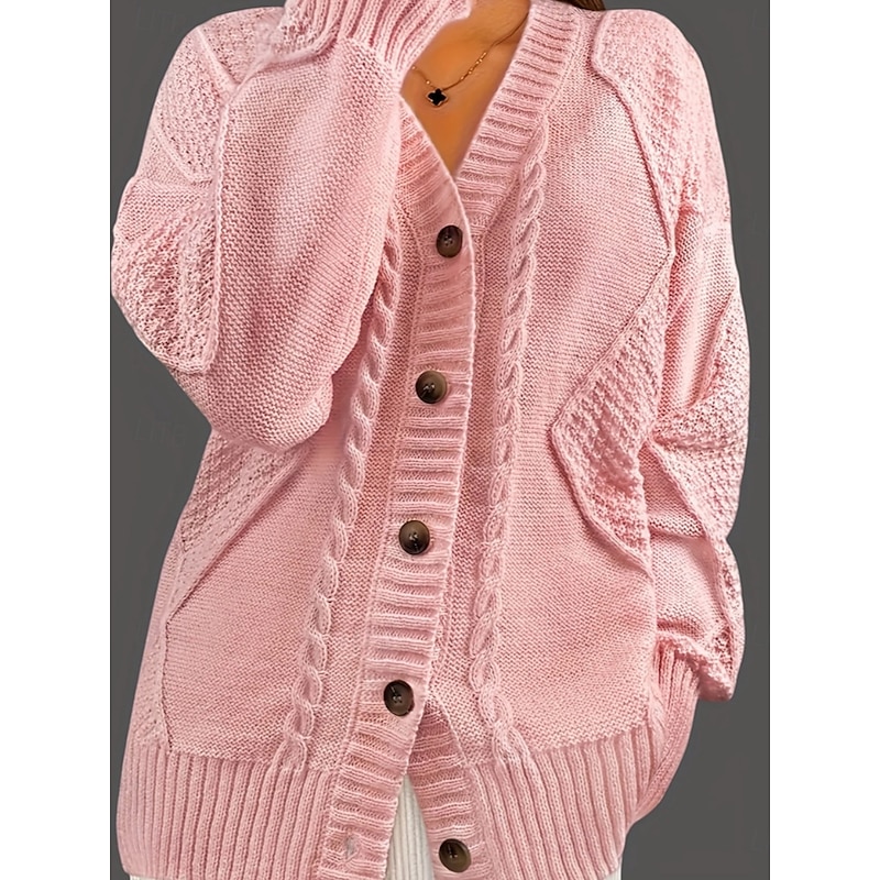 Women's Sweater Cardigan Elegant Fashion Streetwear Pure Color V Neck Buttons Knitted Long Sleeve Regular Tops Knit Outdoor Daily Weekend Pink Red Fall Winter3