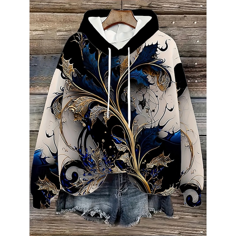Women's Pullover Hoodie Sweatshirt Floral Graphic Abstract Casual Boho Long Sleeve Hooded Regular Tops Street Dailywear Patchwork Print Front Pocket Dark Blue Fall Winter3