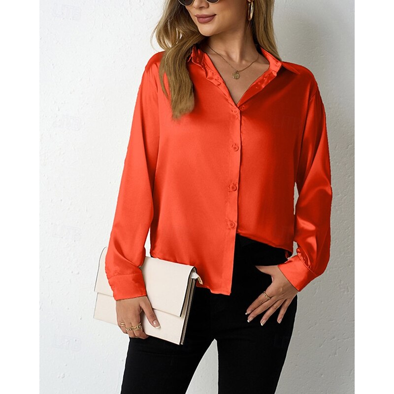 Women's Shirt Elegant Dressy Satin Solid Color Stylish Casual Long Sleeve Shirt Collar Regular Tops Daily Going out Buttons Wine Royal Blue Purple Orange Green Spring Fall4