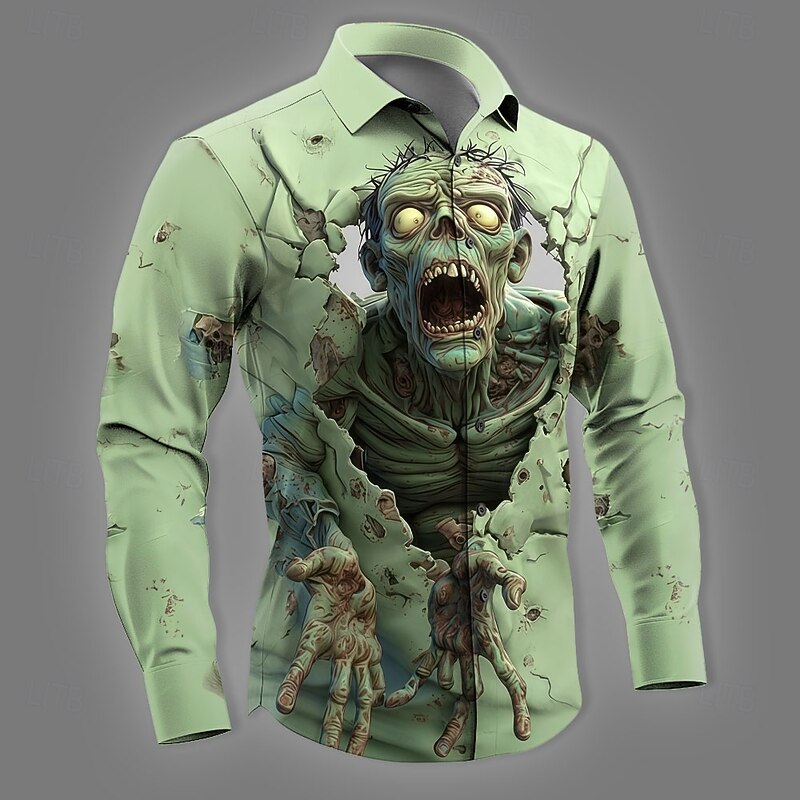 Halloween Men's Zombies Skeleton Horror Shirt Button Up Shirt Long Sleeve Dark Gothic Style Holiday Streetwear Spring Fall Turndown 3D Print Collared Shirts Blue Green Khaki
