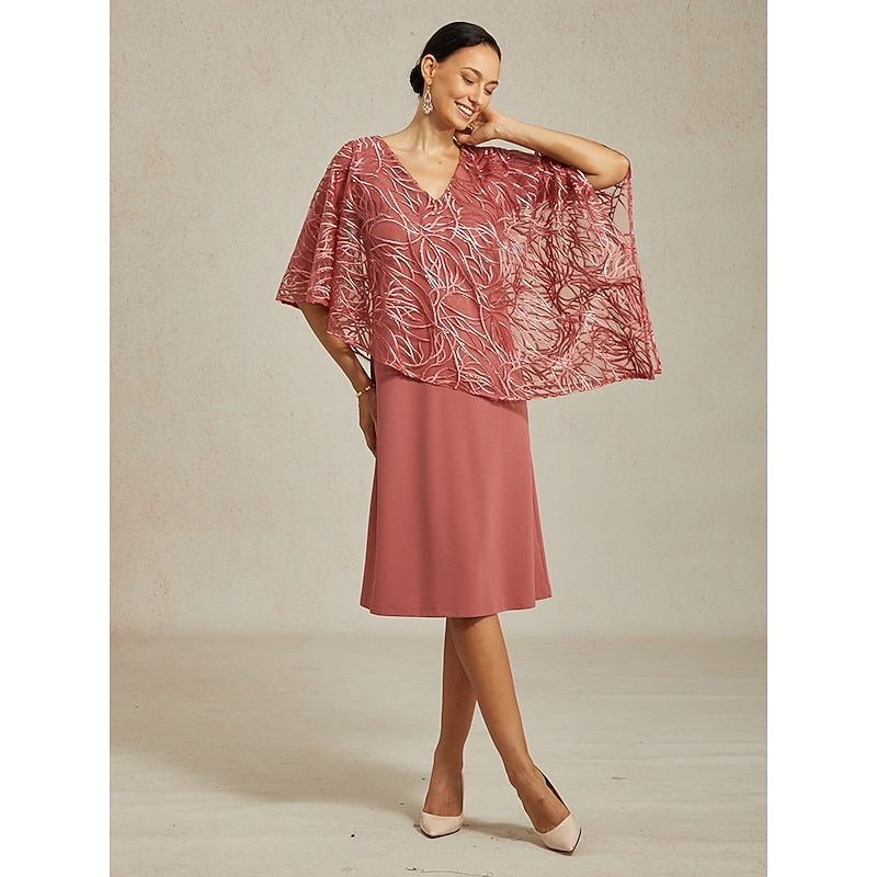 Women's Tea Length Chiffon Dress Elegant Party Solid Color Half Sleeve V Neck Pink Summer Spring