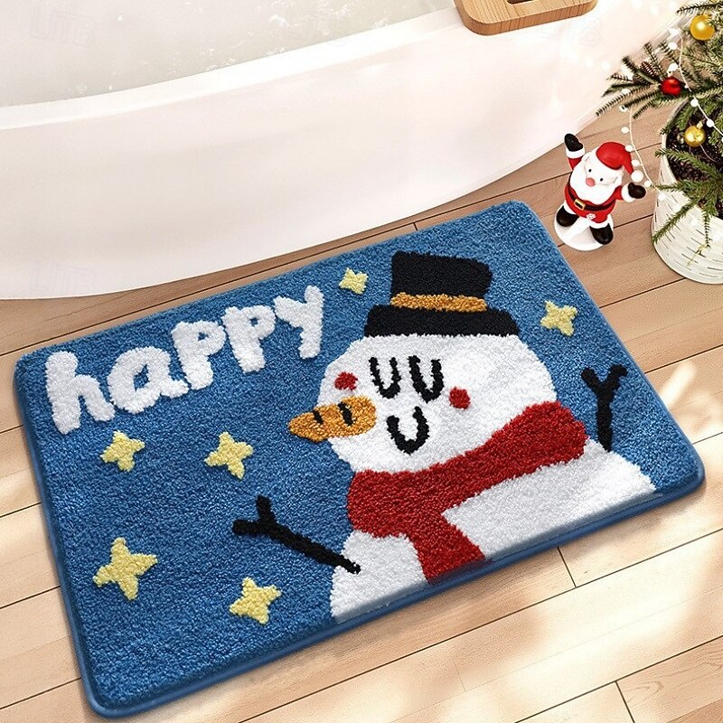 Christmas Bath Mat Cute Cartoon Faux Cashmere Thick Absorbent Floor Rug Non Slip Entryway Bathroom Stain Resistant Durable Easy Care Indoor Decorative Home Accent Carpet3