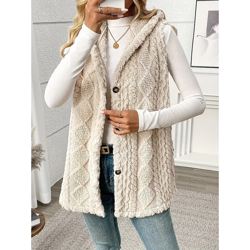 Women's Sherpa Jacket Comfortable Breathable Buttons Casual Plain Vacation Street Casual Daily Wear Single Breasted Regular Hooded Regular Fit Sleeveless Outerwear Beige Spring Fall