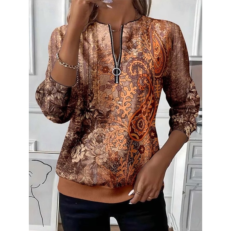 Women's Pullover Sweatshirt Zip Up Sweatshirts Floral Graphic Paisley Fashion Casual Long Sleeve Crew Neck Regular Tops Street Dailywear Casual Zipper Print Brown Green Fall Winter