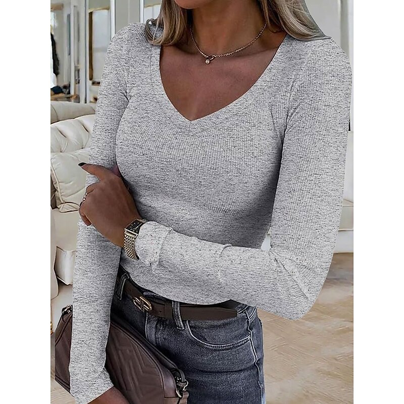 Women's T Shirt Solid Color Stylish Basic Casual Long Sleeve V Neck Regular Tops Daily Black White Pink Blue Dark Gray Spring Fall Winter4