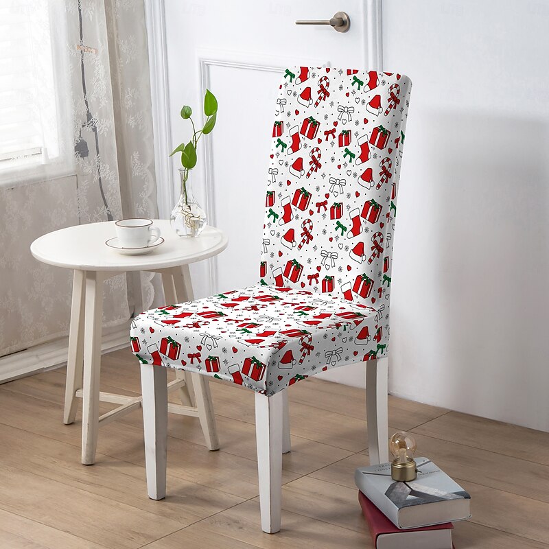 Christmas Dining Chair Cover / Stool Chair Cover, Geometric Printed Polyester Slipcovers, Holiday Decorative Chair Protector for Home