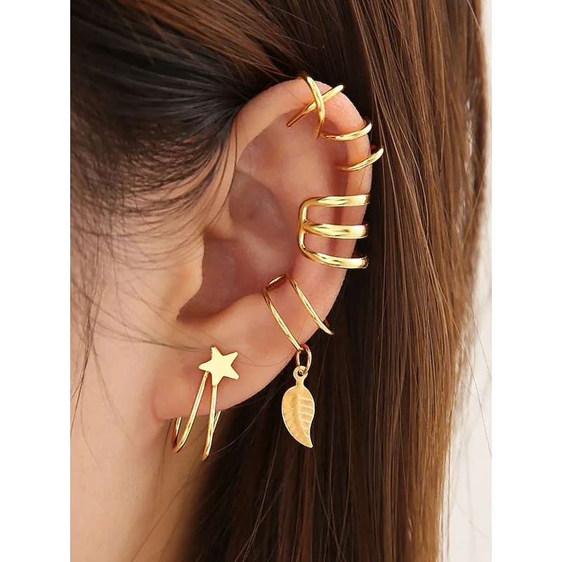 Women's Gold Silver Ear Cuff Set – No Piercing Clip On Earrings with Star and Leaf Design, Trendy Punk Jewelry for Parties and Daily Wear