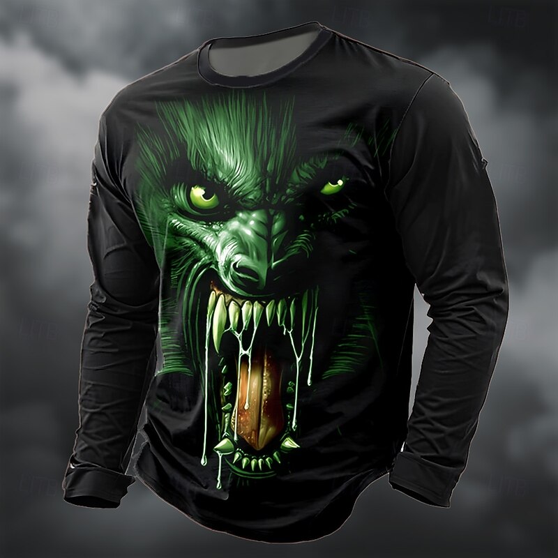 Halloween Men's 3D Werewolf T Shirt Long Sleeve T shirt 3D Print Crew Neck Shirt Fashion Exaggerated Street Casual Daily Blue Green Gray Summer Spring Fall Clothing Apparel S M L XL XXL XXXL3