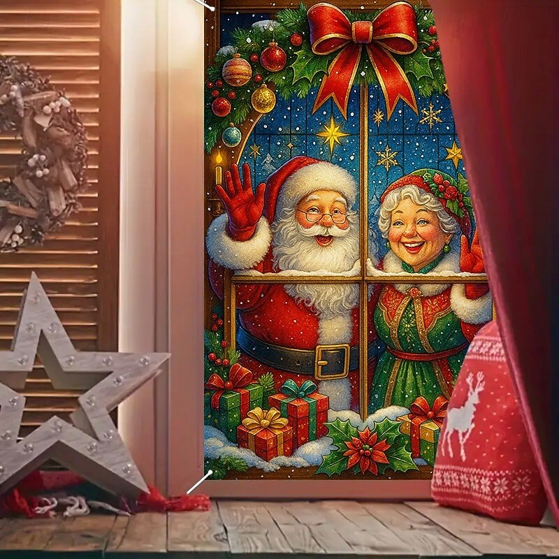 Christmas Santa at Window Curtain, 2025 Xmas Traditional Window Curtain Door Cover with Gifts, Holiday Decoration for Living Room, Front Door4