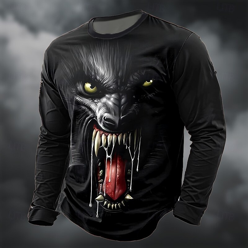 Halloween Men's 3D Werewolf T Shirt Long Sleeve T shirt 3D Print Crew Neck Shirt Fashion Exaggerated Street Casual Daily Blue Green Gray Summer Spring Fall Clothing Apparel S M L XL XXL XXXL