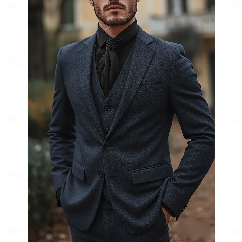 Men's Wedding Party Tweed Suits Notch Lapel Black Dark Blue Daily Formal Solid Colored Tailored Fit 3 Piece Single Breasted Two-buttons3