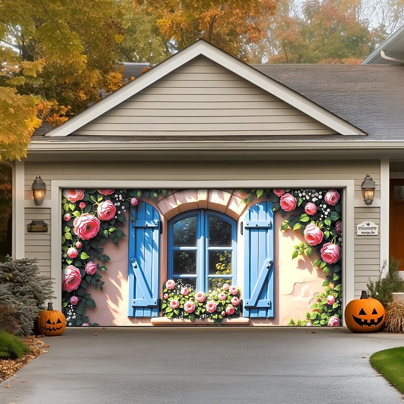 Garage Door Cover Large Hanging Backdrop Stone Wall Rustic Windows Rustic Cottagecore 3D Party Outdoor Shooting Backgrounds Front Door Home Decor3