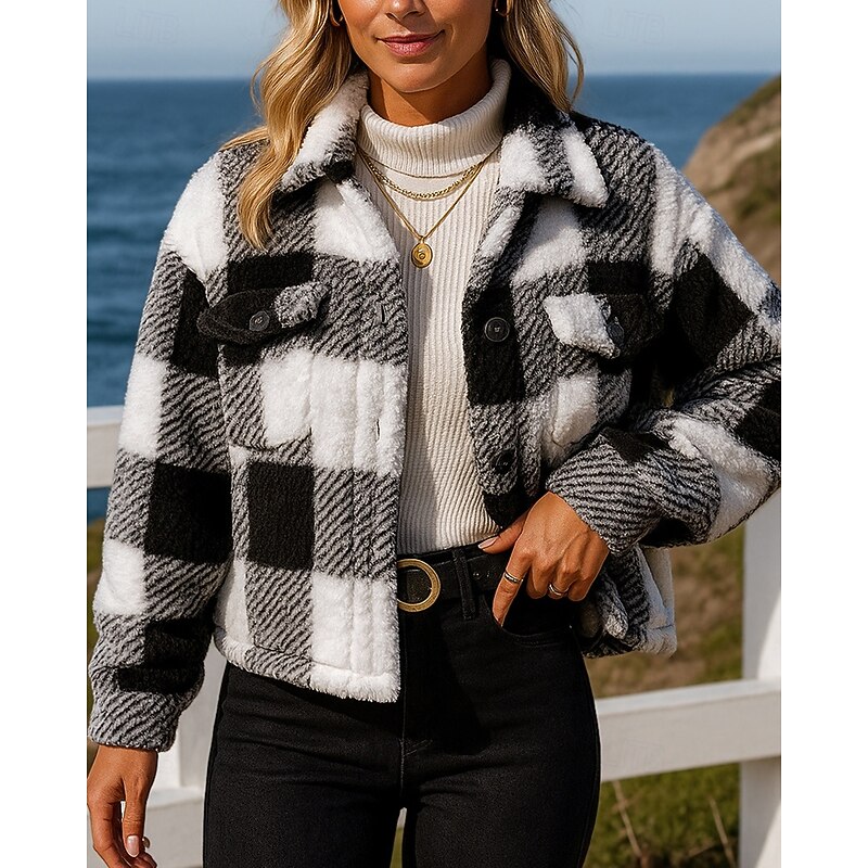 Women's Winter Coat Polar Fleece Jacket Buttons Long Sleeve Top Athleisure Plaid Checkered Warm Outdoor Travel Sports Sportswear Activewear Black Khaki