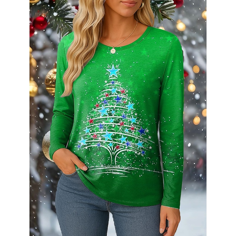 Christmas Women's T Shirt Graphic Snowflake Vintage Fashion Stylish Long Sleeve Crew Neck Regular Tops Daily Weekend Print Red Blue Purple Green Spring Fall Winter3