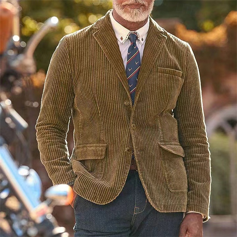 Men's Corduroy Blazer Blazer Business Cocktail Party Wedding Party Fashion Casual Spring Fall Polyester Plain Pocket Buttons Comfortable Single Breasted Blazer Black khaki Army Green Dark Blue2