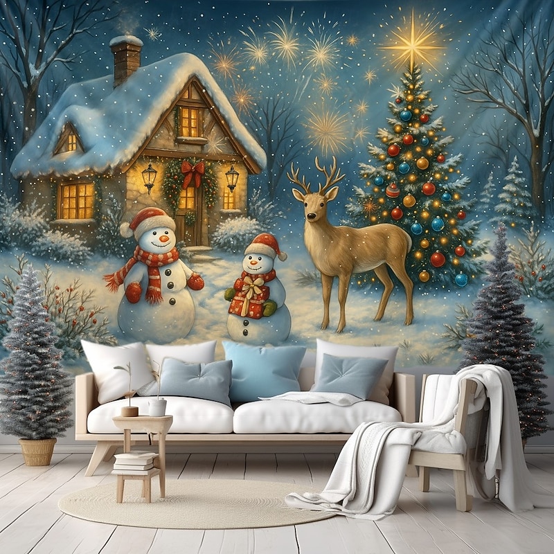 Christmas Wall Tapestry Backdrop, Cozy Window Scene with Snowman, 2025 Xmas Winter Tree and Lights, Festive Holiday Wall Hanging for Bedroom Living Room4