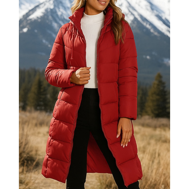 Women's Hiking Jacket Thermal Jacket Mid-length Puffer Jacket Winter Outdoor Thermal Warm Top Black Red Khaki4