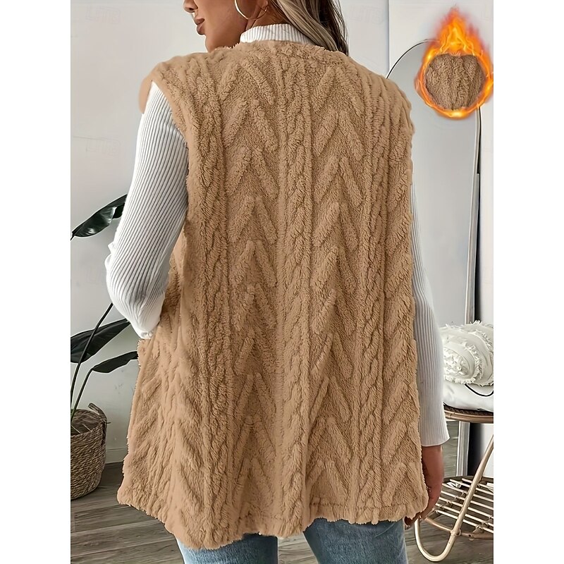 Women's Fleece Vest Comfortable Breathable Pocket Open Front Casual Plain Vacation Street Casual Daily Wear Open Front Long Crewneck Regular Fit Sleeveless Outerwear Black Brown Apricot Spring Fall2