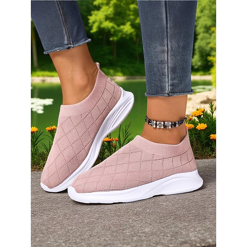 Women's Purple Flyknit Slip-On Sneakers – Lightweight Breathable Walking Shoes for Outdoor Sports, Travel and Gym Training