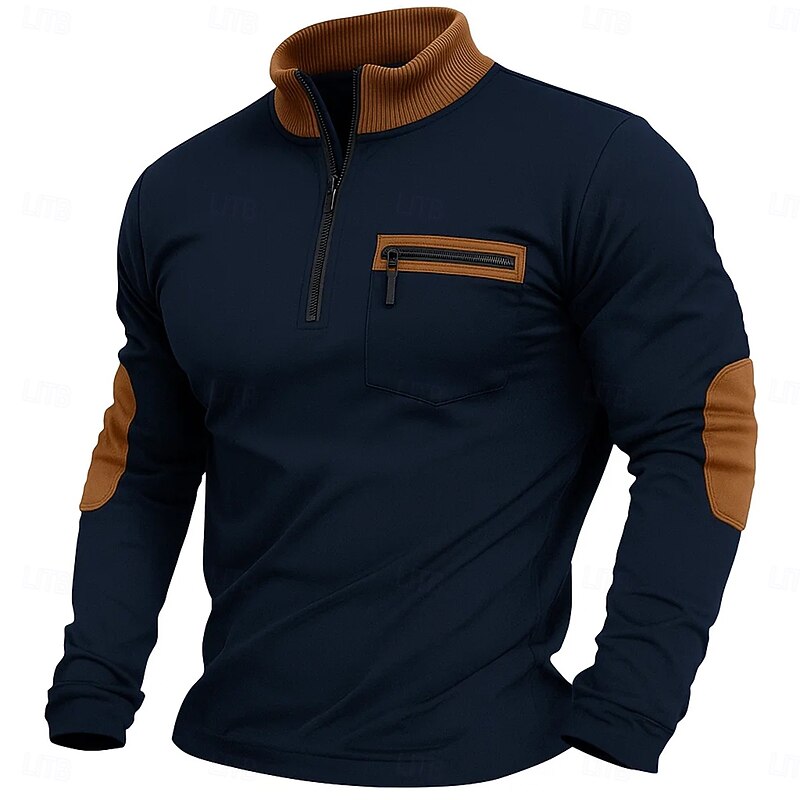 Men's Tee Top Long Sleeve Shirt Long Sleeve Stand Collar Half Zip Summer Solid Color Daily Casual Street Style Pockets Color Block Outdoor Street Causal Black Wine Navy Blue Top Tee for Men3