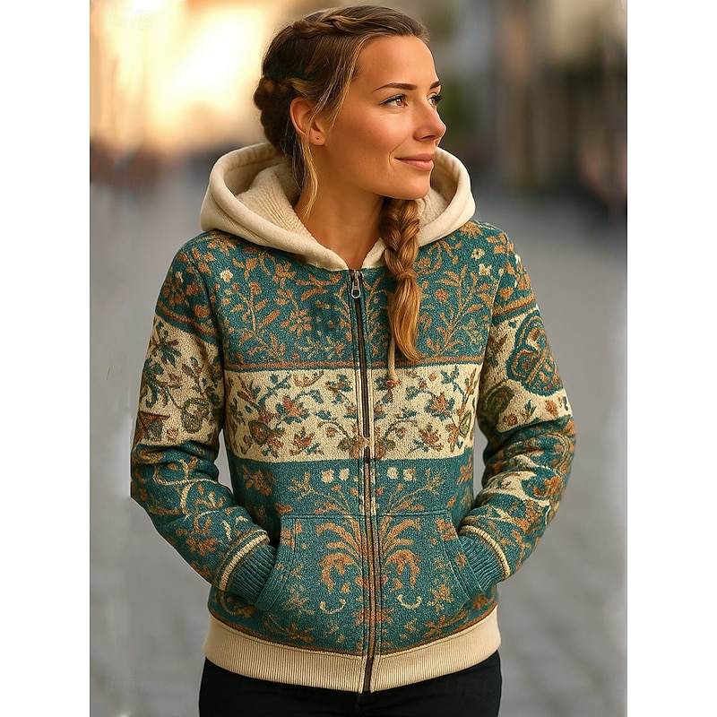 Viking Boho Women's Winter Coat Warm Lightweight Zipper Print Fleece Lined Elegant Vintage Fashion Geometric Home Work Casual Zipper Regular Hooded Loose Fit Long Sleeve Outerwear
