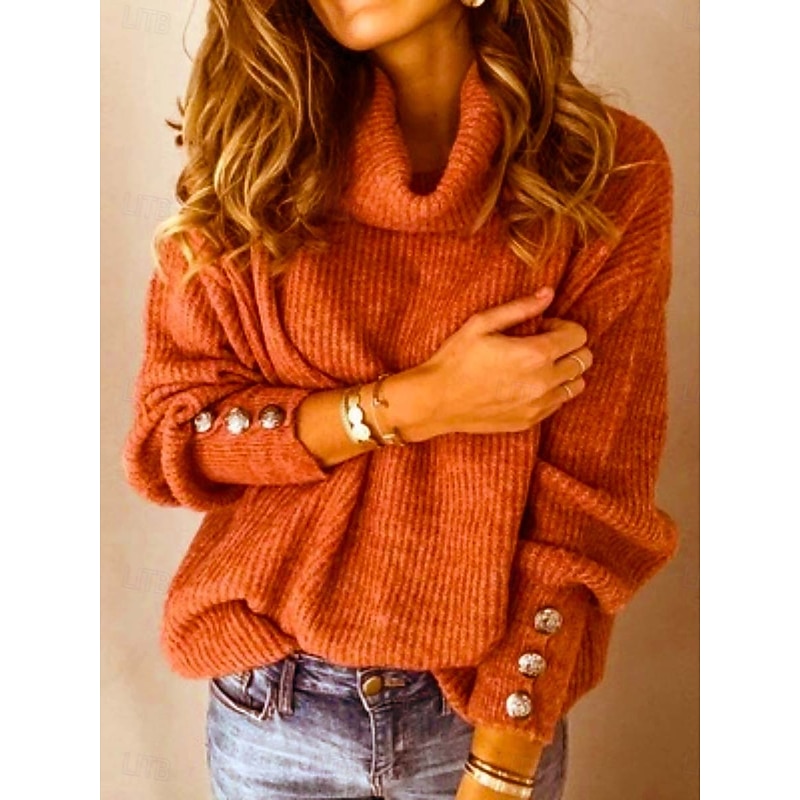 Women's Sweater Casual Soft Pure Color Ribbed Turtleneck Buttons Knitted Long Sleeve Regular Tops Knit Outdoor Daily Weekend White Pink Fall Winter4