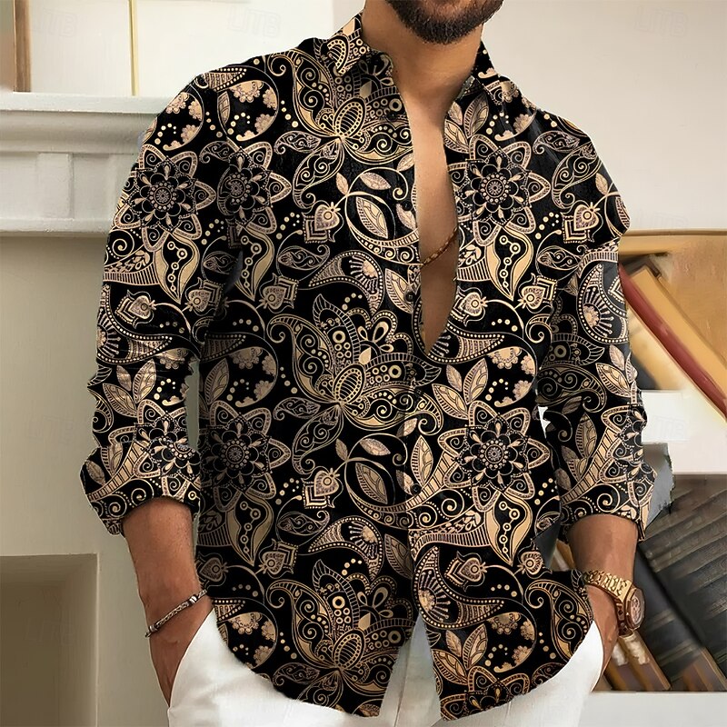Men's Paisley Floral Print Ethnic Shirt Button Up Shirt Long Sleeve Vintage Retro Holiday Casual Daily Spring Fall Turndown 3D Print Collared Shirts Blue Purple Gold