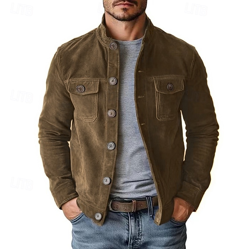 Men's Faux Suede Jacket Windbreaker Brown Suede Jacket Casual Casual Daily Windbreaker Pocket Plain Fall Winter Spring &  Fall Solid Color Vintage Fashion Stand Collar Regular Brown Green Khaki Dark4
