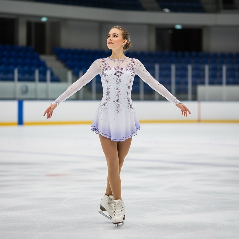 Figure Skating Dress Women's Girls' Ice Skating Dress Violet Yellow & Yellow White Open Back Spandex High Elasticity Training Practice Professional Skating Wear Crystal / Rhinestone Long Sleeve Ice