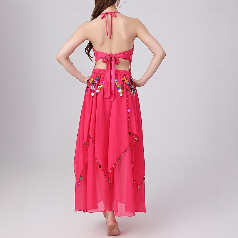 Belly Dance Skirts Tassel Pure Color Splicing Women's Performance Training Sleeveless High Polyester3