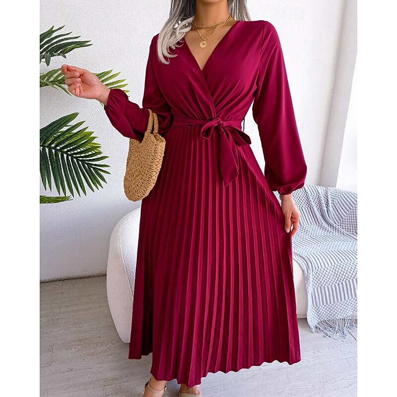 Women's Midi Dress Party Dress Cocktail Dress Satin Dress Fashion Modern Party Birthday Evening Party Regular Fit Plain Long Sleeve V Neck Black Red Royal Blue Purple Fall Winter2