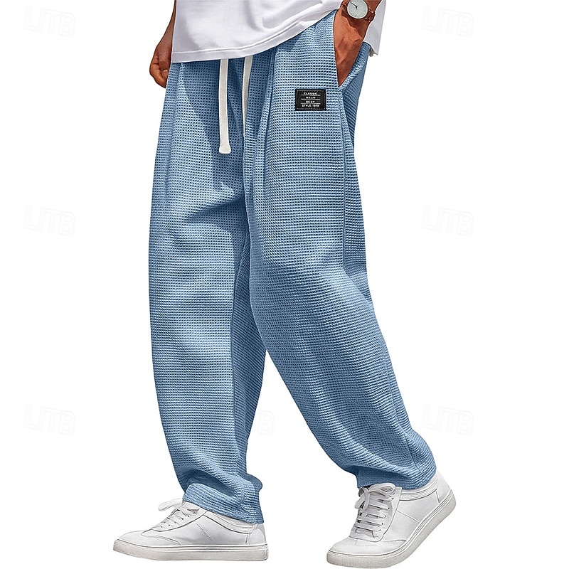 Men's Waffle Sweatpants Trousers Baggy Pants Straight Leg Sweatpants Drawstring Elastic Waist Solid Color Comfort Full Length Outdoor Daily Streetwear Fashion Classic Style Black White Inelastic