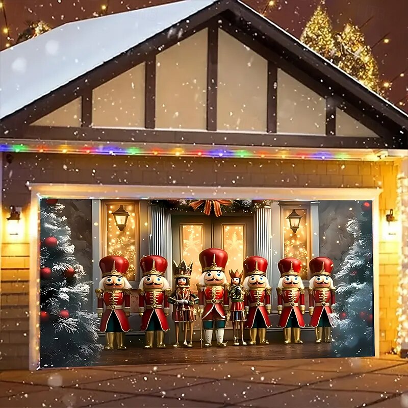 Christmas Tapestry Garage Door Cover Large Hanging Backdrop Gift Walnut Soldiers Cute 3D Party Outdoor Holiday Shooting Backgrounds Yard Home Decor