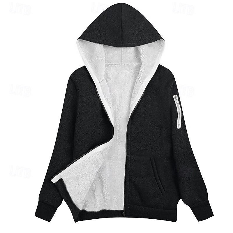 Women's Zip Up Hoodies Plain Casual Long Sleeve Hooded Regular Tops Street Going out Zipper Pocket Black Wine Navy Blue Green Beige Fall Winter2