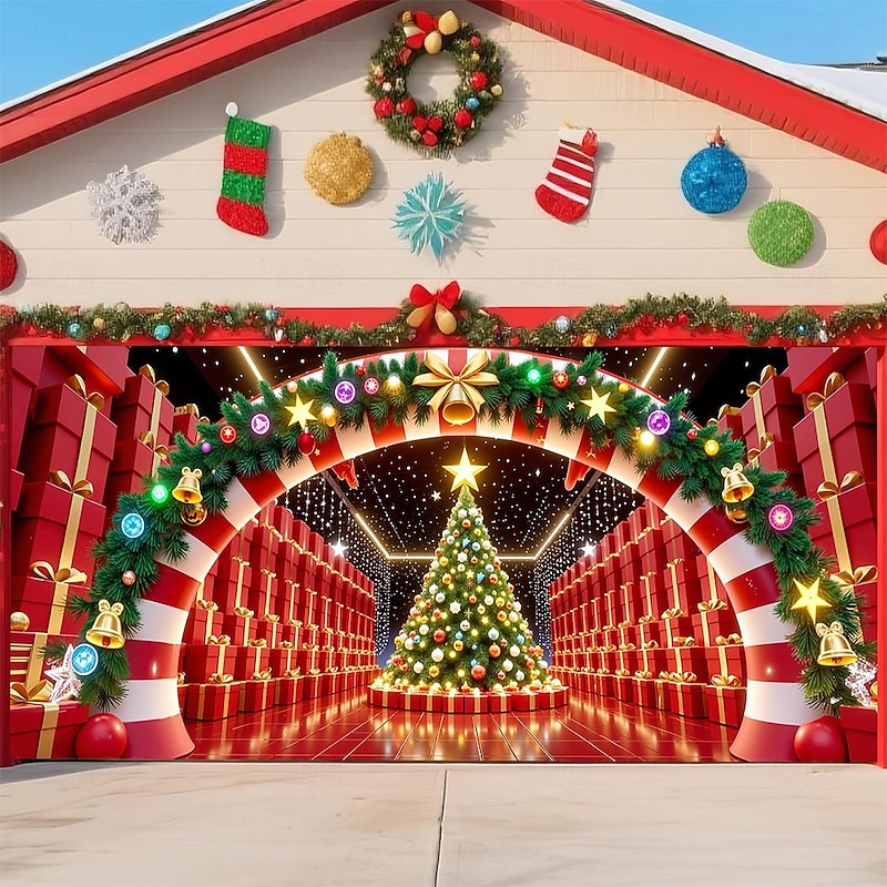 Christmas Garage Door Cover Large Hanging Backdrop Town Cute 3D Party Outdoor Holiday Shooting Backgrounds Yard Home Decor