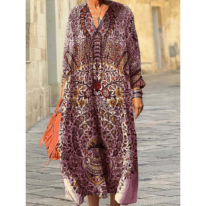 Women's Midi Dress Sundress A Line Dress Vacation Casual Boho Going out Beach Loose Fit Graphic Geometric Long Sleeve V Neck Pink Blue Green Apricot Spring Fall Winter Autumn2