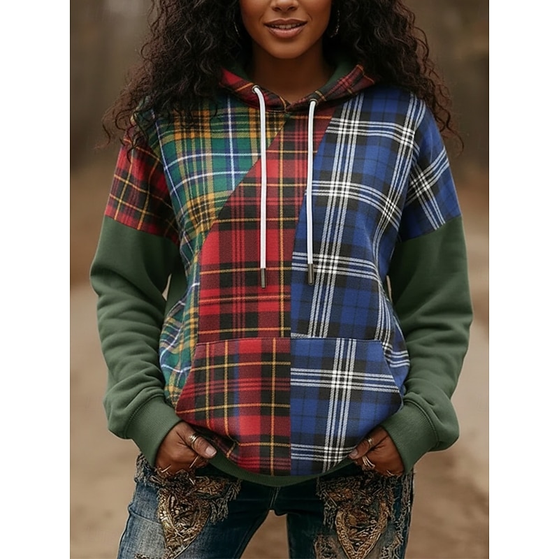 Women's Pullover Hoodies Plaid Vintage Streetwear Casual Long Sleeve Hooded Regular Tops Dailywear Casual Sports Drawstring Pocket Print Green Spring Fall